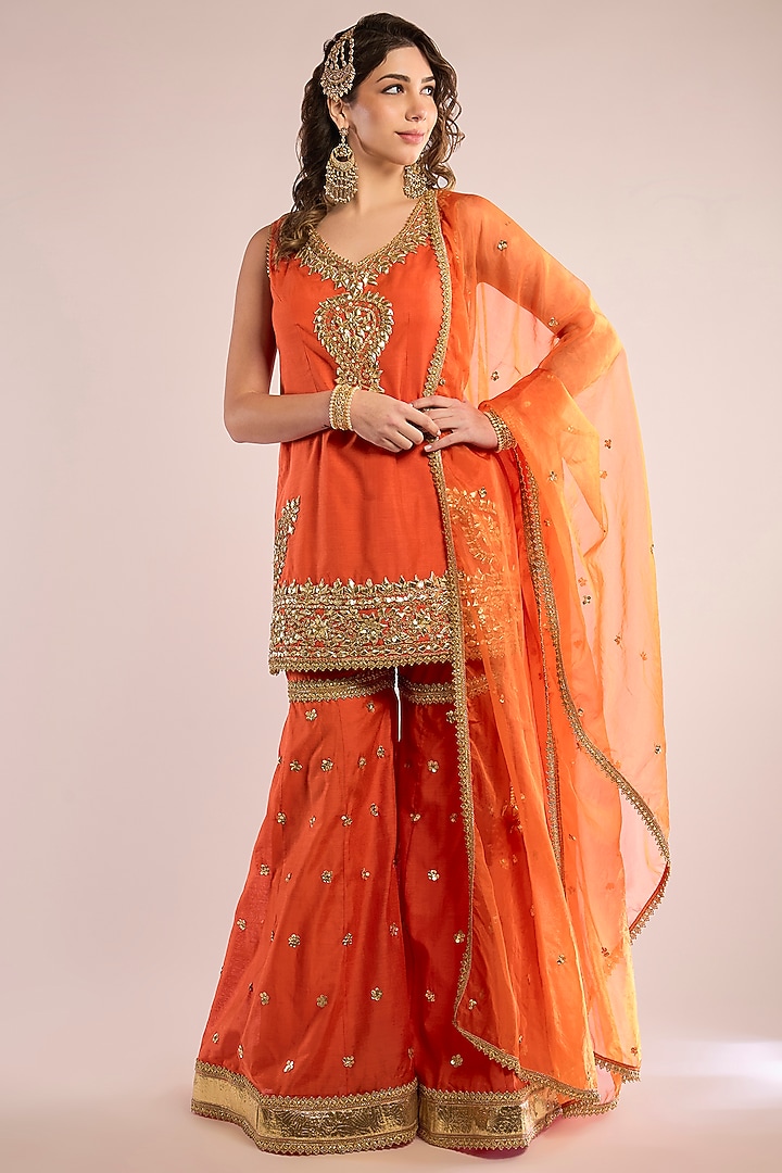 Orange Chanderi Gota Patti Embroidered Gharara Set by saina kapoor at Pernia's Pop Up Shop