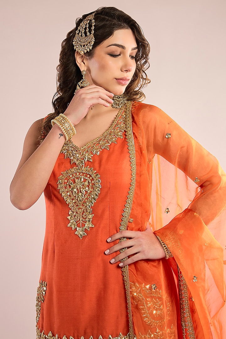 Orange Chanderi Gota Patti Embroidered Gharara Set by saina kapoor at Pernia's Pop Up Shop