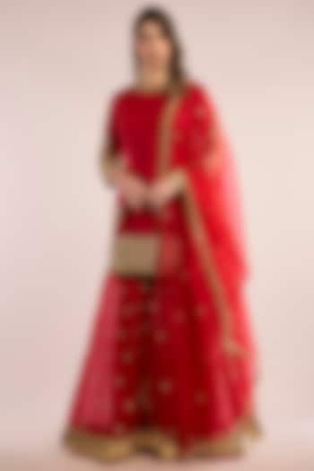 Red Chanderi Gota Patti Embroidered Party Wear Sharara Set by saina kapoor at Pernia's Pop Up Shop