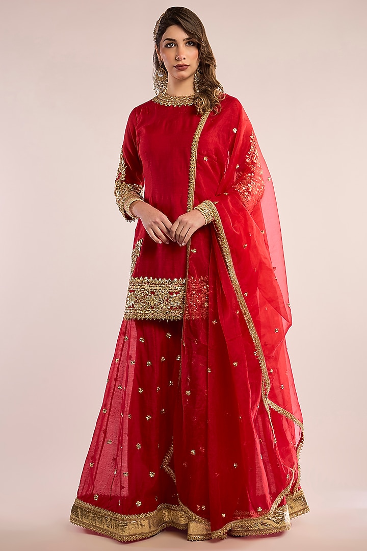 Red Chanderi Gota Patti Embroidered Party Wear Sharara Set by saina kapoor at Pernia's Pop Up Shop