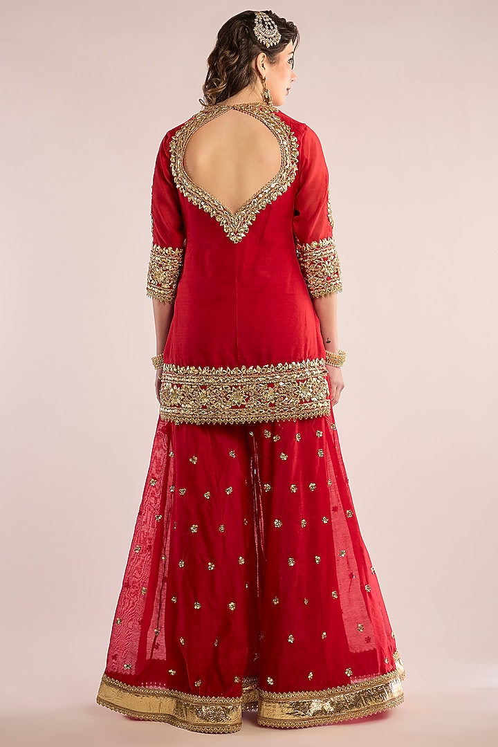 Red Chanderi Gota Patti Embroidered Party Wear Sharara Set by saina kapoor at Pernia's Pop Up Shop