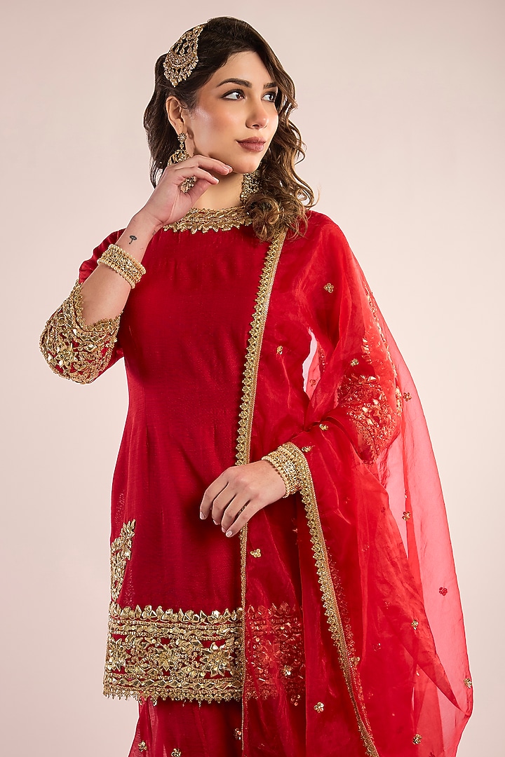 Red Chanderi Gota Patti Embroidered Party Wear Sharara Set by saina kapoor at Pernia's Pop Up Shop