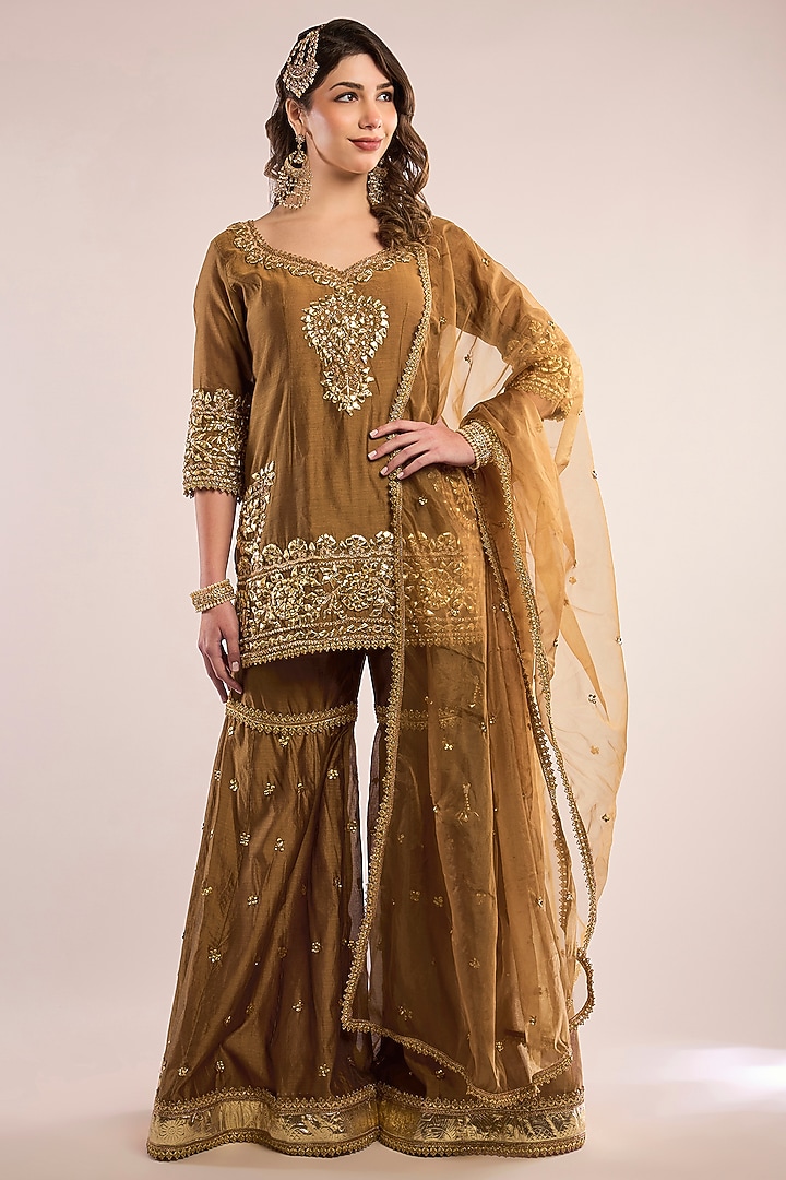 Gold Chanderi Gota Patti Embroidered Gharara Set by saina kapoor at Pernia's Pop Up Shop
