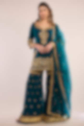 Turquoise Chanderi Gota Patti Embroidered Gharara Set by saina kapoor at Pernia's Pop Up Shop