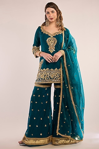 Turquoise Chanderi Gota Patti Embroidered Gharara Set by saina kapoor