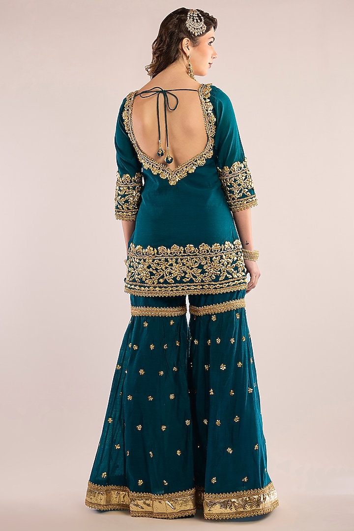 Turquoise Chanderi Gota Patti Embroidered Gharara Set by saina kapoor at Pernia's Pop Up Shop