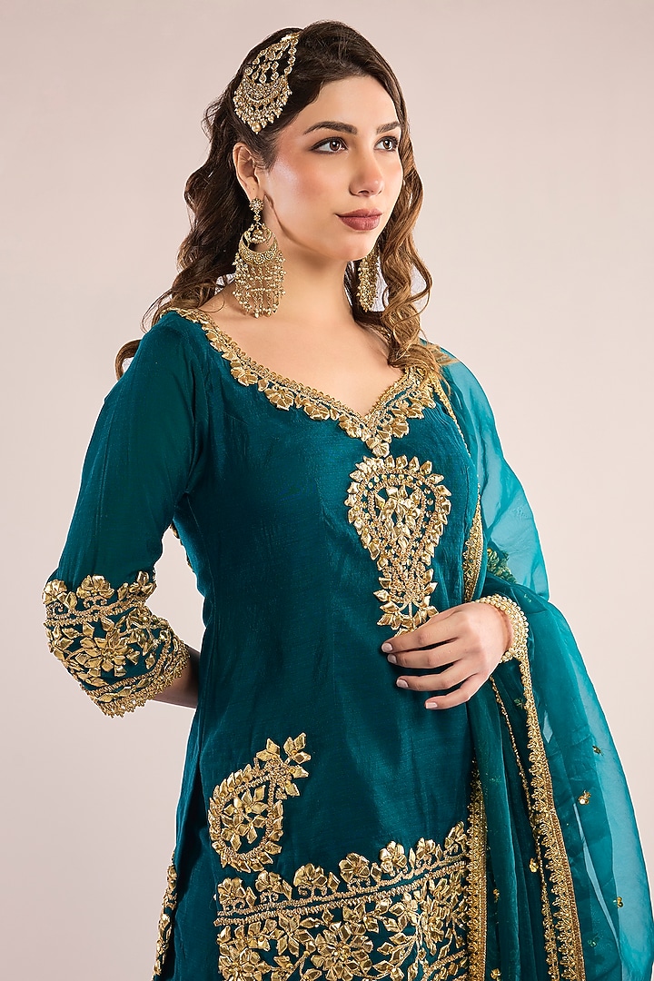 Turquoise Chanderi Gota Patti Embroidered Gharara Set by saina kapoor at Pernia's Pop Up Shop