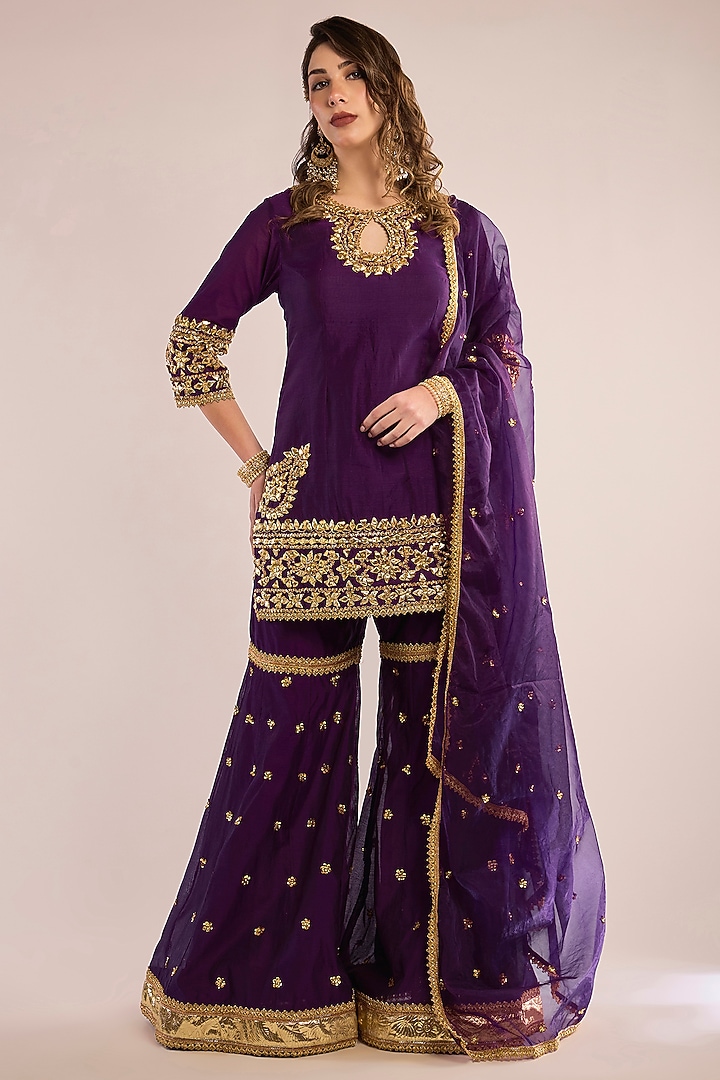 Purple Chanderi Gota Patti Embroidered Gharara Set by saina kapoor at Pernia's Pop Up Shop