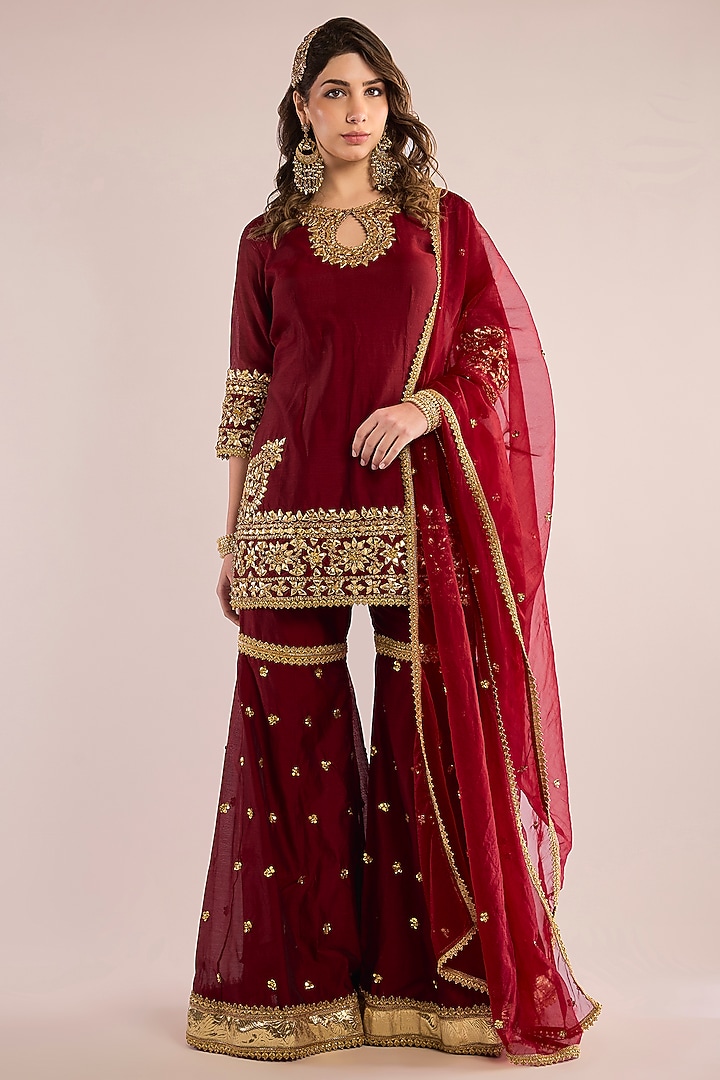 Maroon Chanderi Gota Patti Embroidered Gharara Set by saina kapoor at Pernia's Pop Up Shop