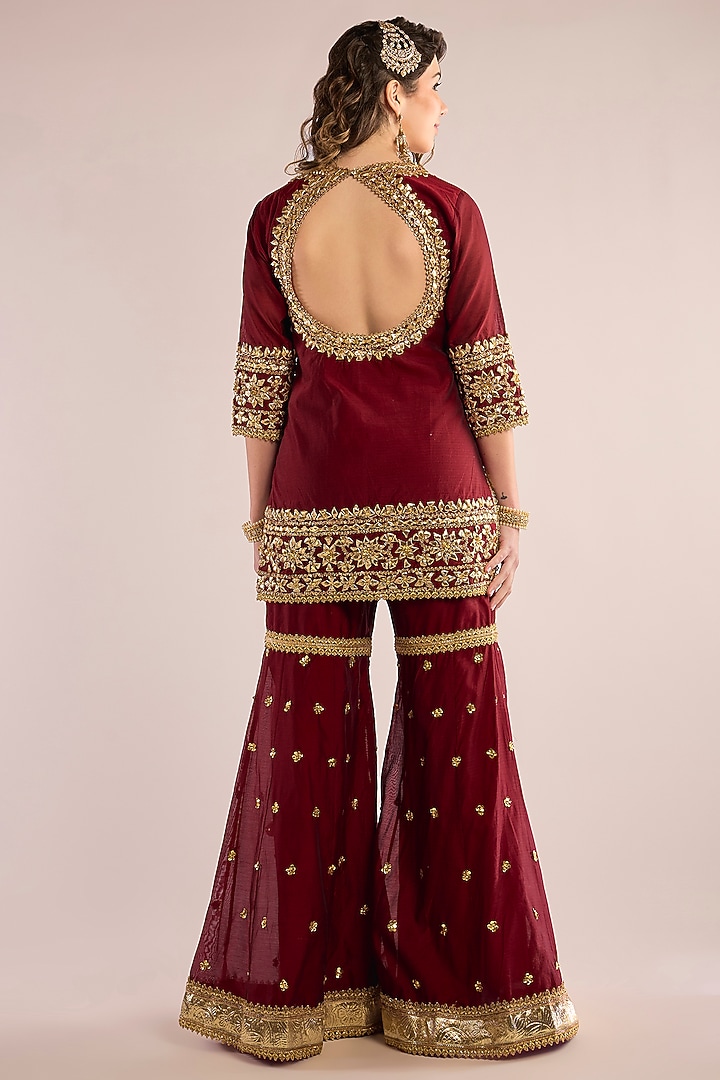 Maroon Chanderi Gota Patti Embroidered Gharara Set by saina kapoor at Pernia's Pop Up Shop