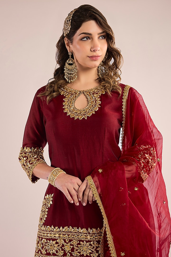 Maroon Chanderi Gota Patti Embroidered Gharara Set by saina kapoor at Pernia's Pop Up Shop