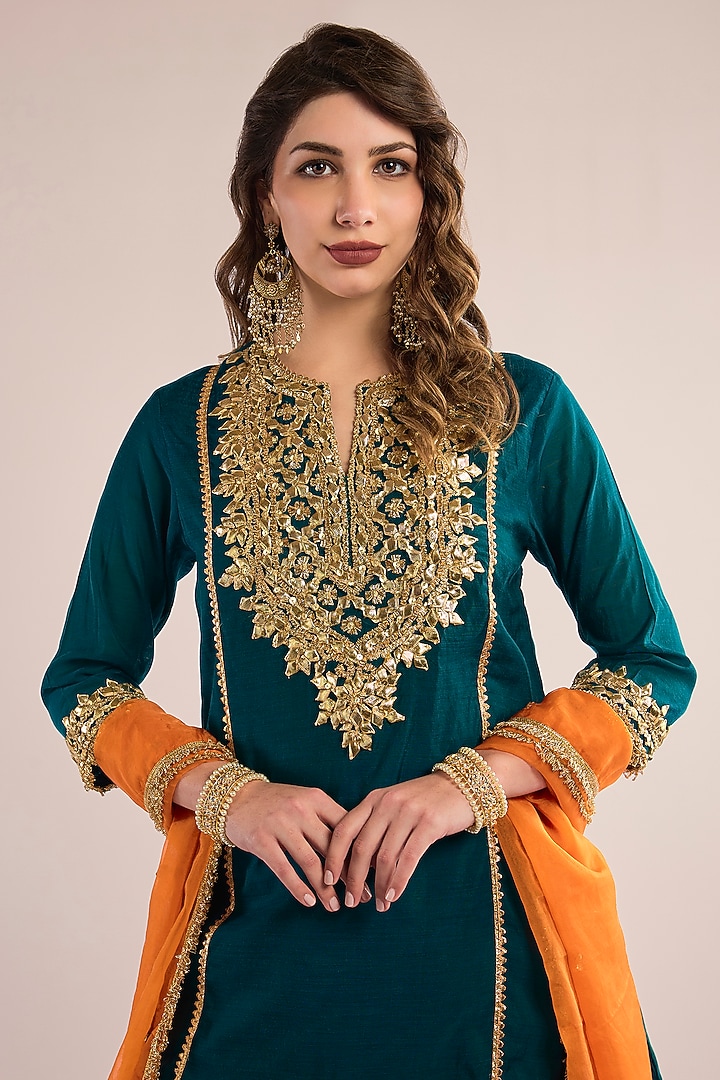 Turquoise Chanderi Gota Patti Embroidered Kurta Set by saina kapoor at Pernia's Pop Up Shop
