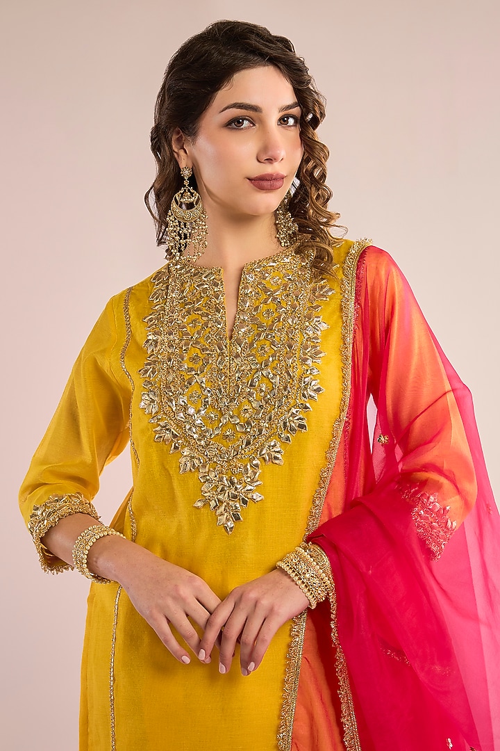 Yellow Chanderi Gota Patti Embroidered Kurta Set by saina kapoor at Pernia's Pop Up Shop