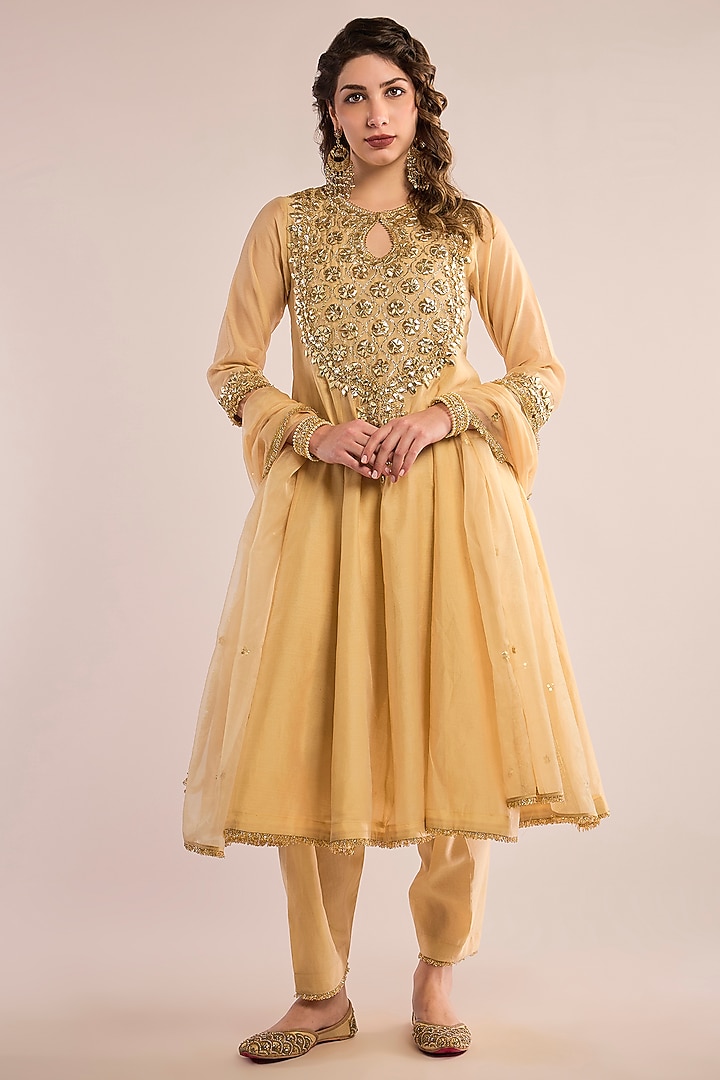 Beige Chanderi Gota Patti Embroidered Party Wear Anarkali Set by saina kapoor at Pernia's Pop Up Shop