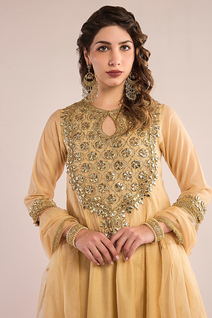 Beige Chanderi Gota Patti Embroidered Party Wear Anarkali Set by saina kapoor at Pernia's Pop Up Shop