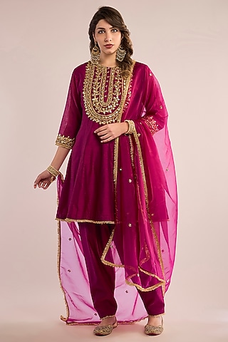 Royal Purple Chanderi Gota Patti Embroidered Anarkali Set by saina kapoor