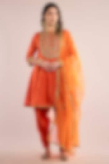 Orange Chanderi Gota Patti Embroidered Party Wear Anarkali Set by saina kapoor at Pernia's Pop Up Shop