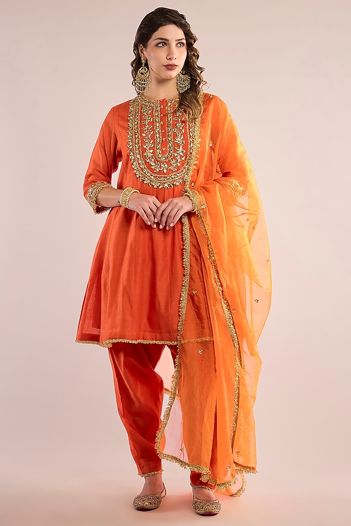 Orange Chanderi Gota Patti Embroidered Party Wear Anarkali Set by saina kapoor at Pernia's Pop Up Shop