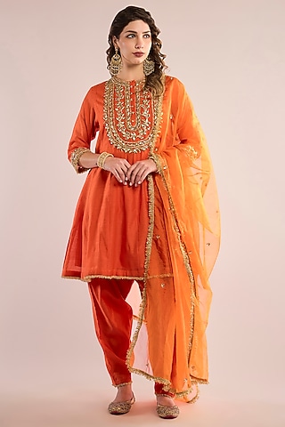 Orange Chanderi Gota Patti Embroidered Anarkali Set by saina kapoor