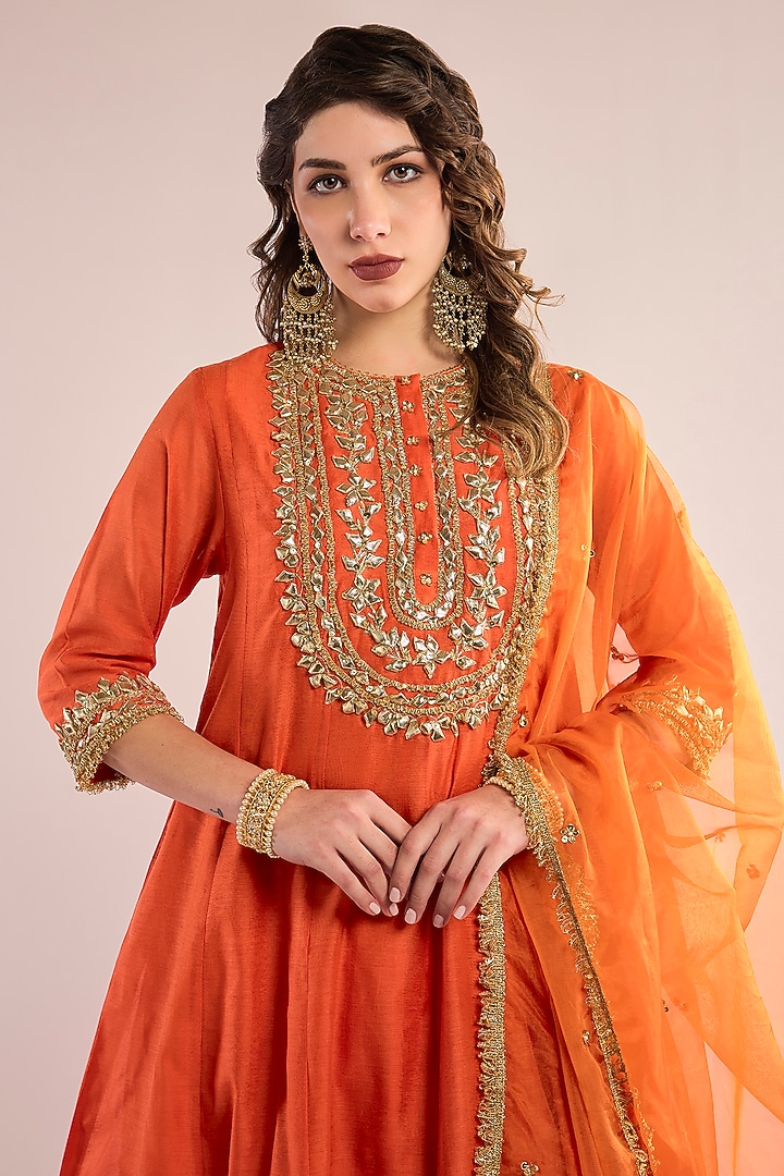Orange Chanderi Gota Patti Embroidered Party Wear Anarkali Set by saina kapoor at Pernia's Pop Up Shop