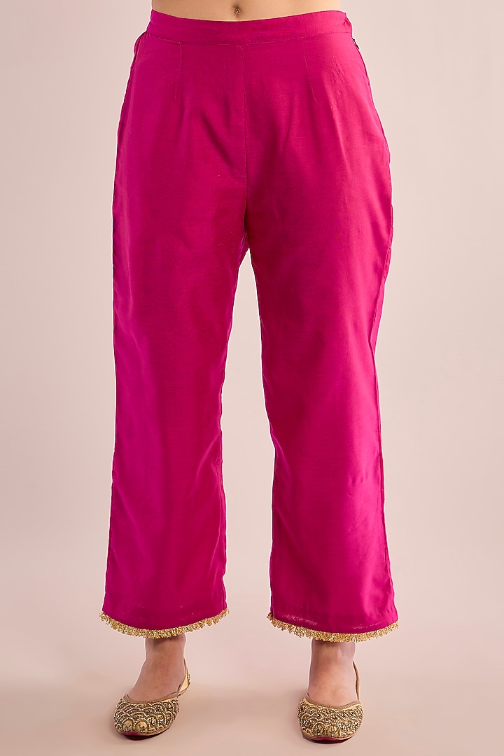 Fuchsia Chanderi Gota Patti Embroidered A-Line Kurta Set by saina kapoor at Pernia's Pop Up Shop