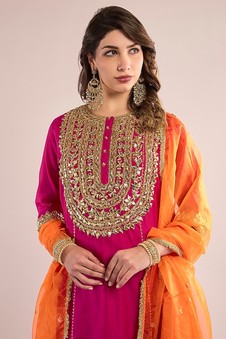 Fuchsia Chanderi Gota Patti Embroidered A-Line Kurta Set by saina kapoor at Pernia's Pop Up Shop