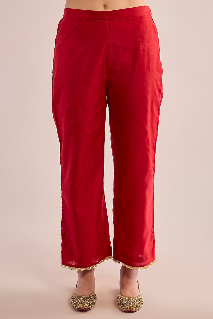 Red Chanderi Gota Patti Embroidered A-Line Kurta Set by saina kapoor at Pernia's Pop Up Shop