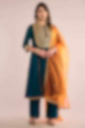 Turquoise Chanderi Gota Patti Embroidered A-Line Kurta Set by saina kapoor at Pernia's Pop Up Shop