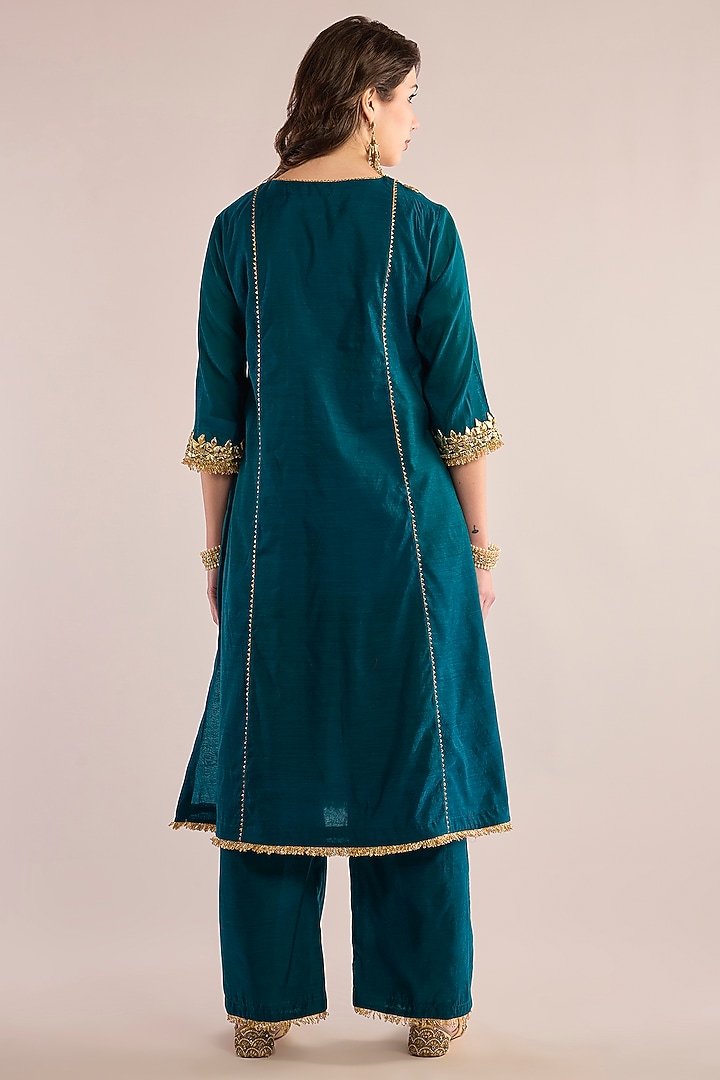 Turquoise Chanderi Gota Patti Embroidered A-Line Kurta Set by saina kapoor at Pernia's Pop Up Shop