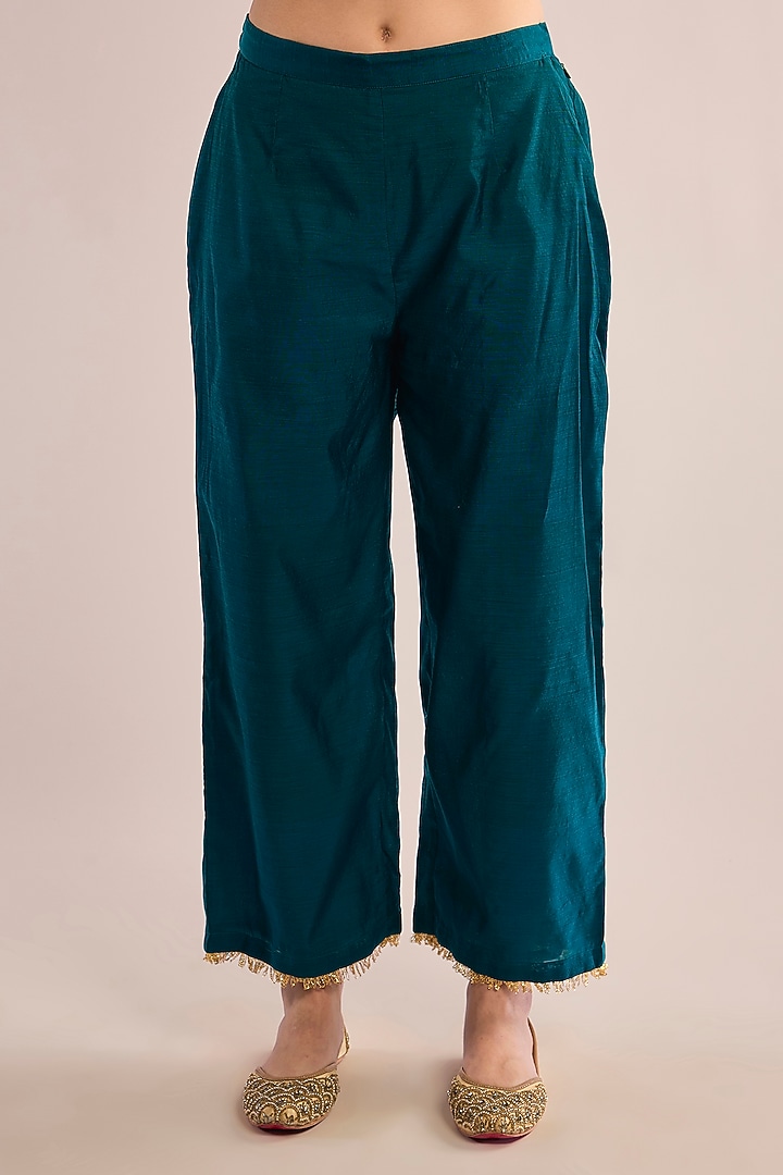 Turquoise Chanderi Gota Patti Embroidered A-Line Kurta Set by saina kapoor at Pernia's Pop Up Shop
