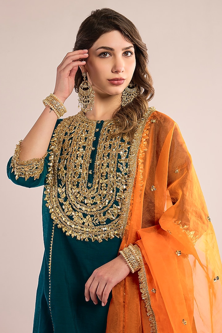 Turquoise Chanderi Gota Patti Embroidered A-Line Kurta Set by saina kapoor at Pernia's Pop Up Shop