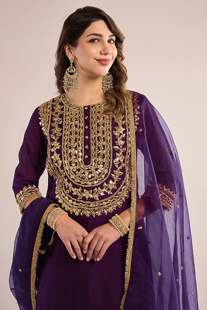 Purple Chanderi Gota Patti Embroidered A-Line Kurta Set by saina kapoor at Pernia's Pop Up Shop