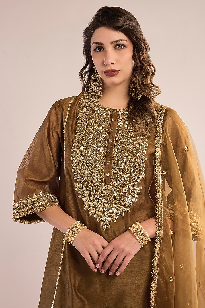 Gold Chanderi Gota Patti Embroidered A-Line Kurta Set by saina kapoor at Pernia's Pop Up Shop