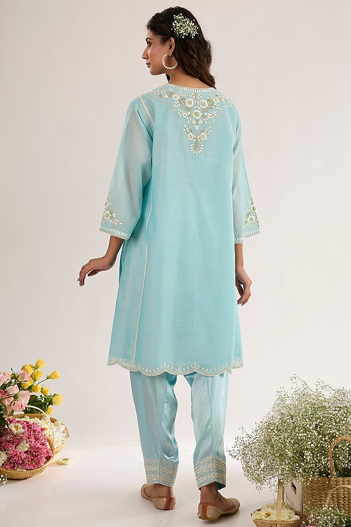 Powder Blue Chanderi Silk Embroidered Choga Kurta Set by saina kapoor at Pernia's Pop Up Shop