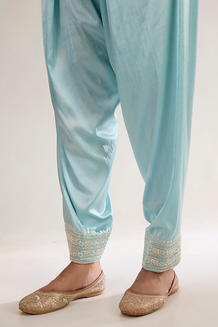 Powder Blue Chanderi Silk Embroidered Choga Kurta Set by saina kapoor at Pernia's Pop Up Shop