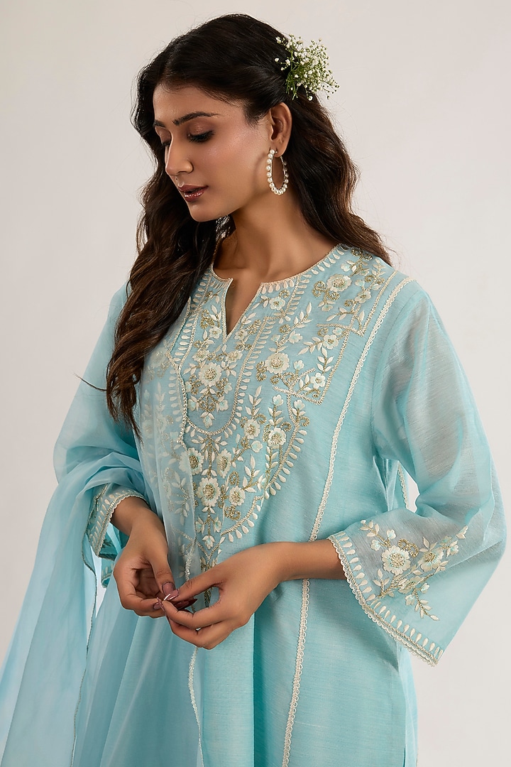 Powder Blue Chanderi Silk Embroidered Choga Kurta Set by saina kapoor at Pernia's Pop Up Shop