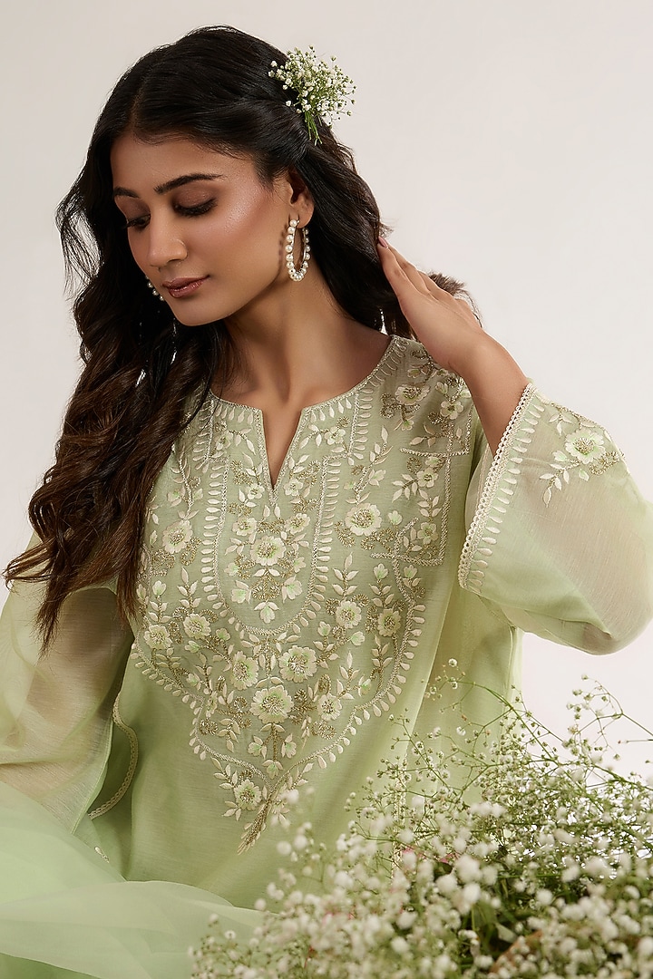 Mint Green Chanderi Silk Embroidered Choga Kurta Set by saina kapoor at Pernia's Pop Up Shop