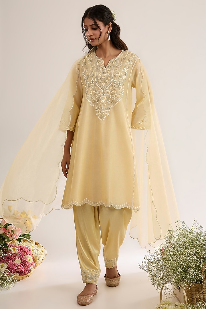 Soft Yellow Chanderi Silk Embroidered Choga Kurta Set by saina kapoor at Pernia's Pop Up Shop
