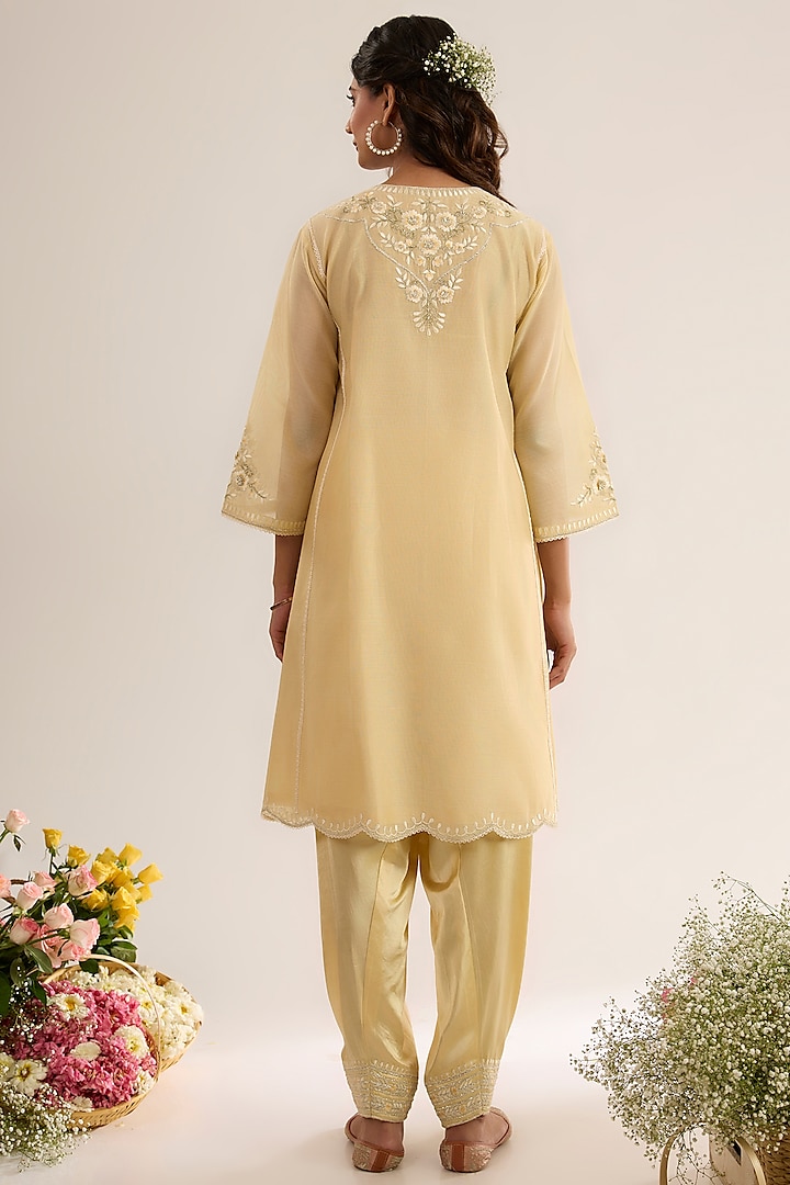 Soft Yellow Chanderi Silk Embroidered Choga Kurta Set by saina kapoor at Pernia's Pop Up Shop