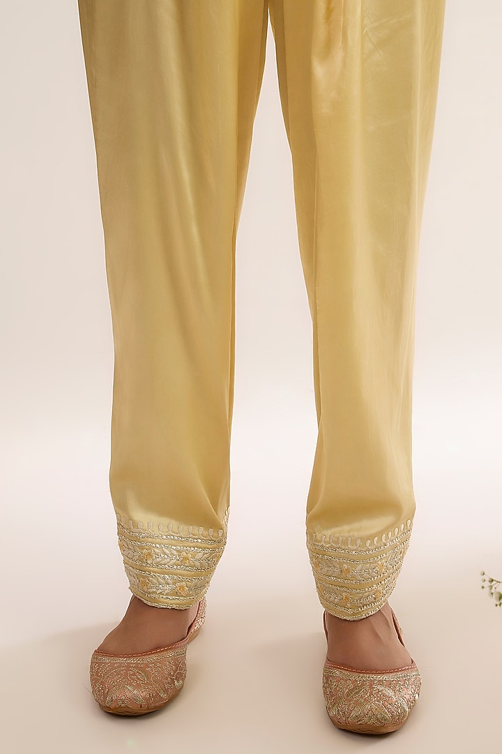 Soft Yellow Chanderi Silk Embroidered Choga Kurta Set by saina kapoor at Pernia's Pop Up Shop