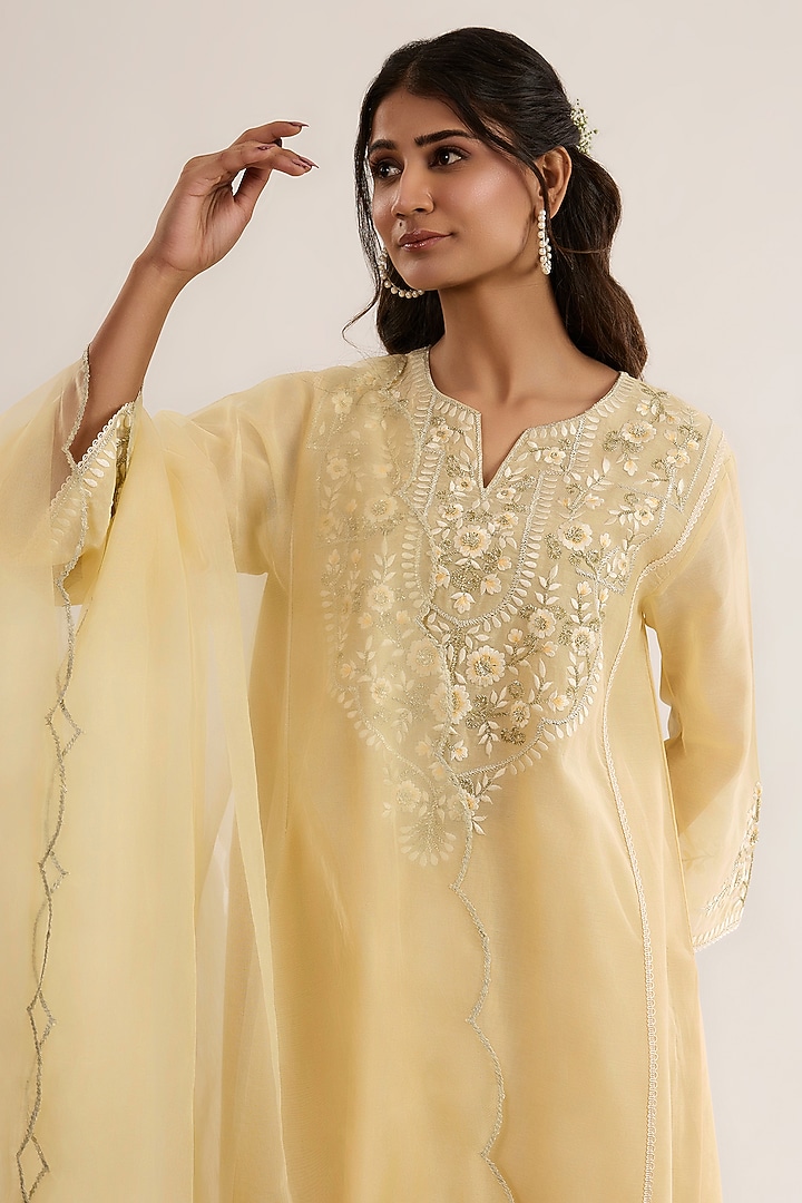 Soft Yellow Chanderi Silk Embroidered Choga Kurta Set by saina kapoor at Pernia's Pop Up Shop