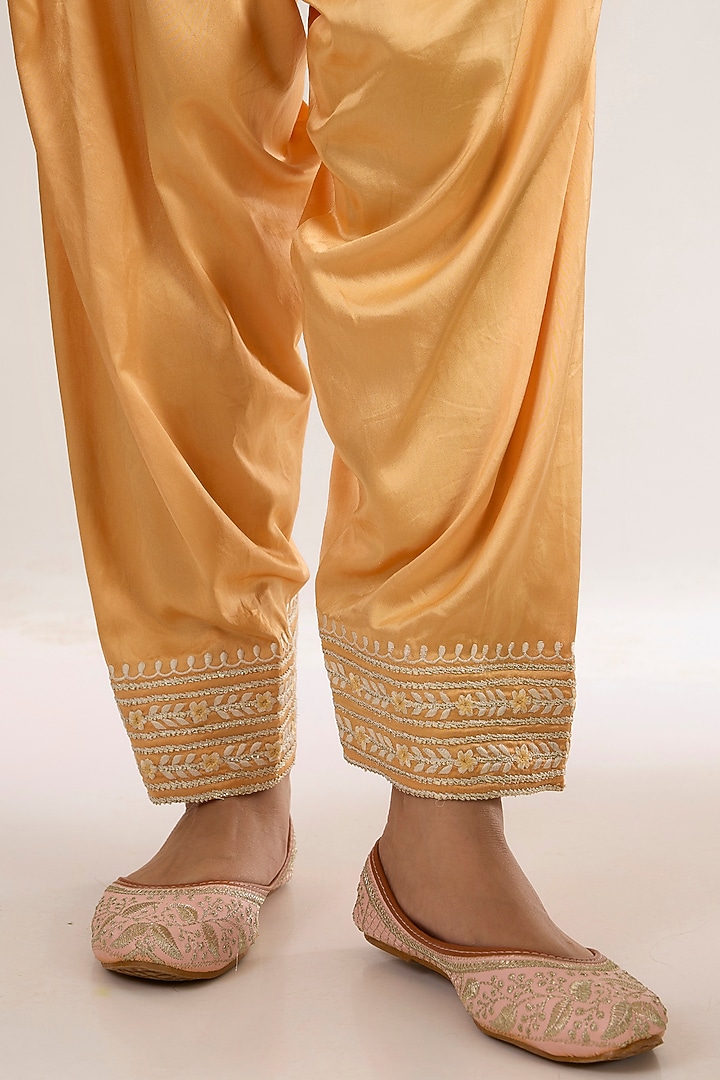 Peachy Orange Chanderi Silk Embroidered Short A-Line Kurta Set by saina kapoor at Pernia's Pop Up Shop