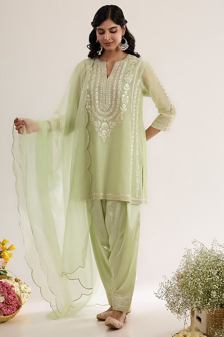 Mint Green Chanderi Silk Embroidered Short Choga Kurta Set by saina kapoor at Pernia's Pop Up Shop