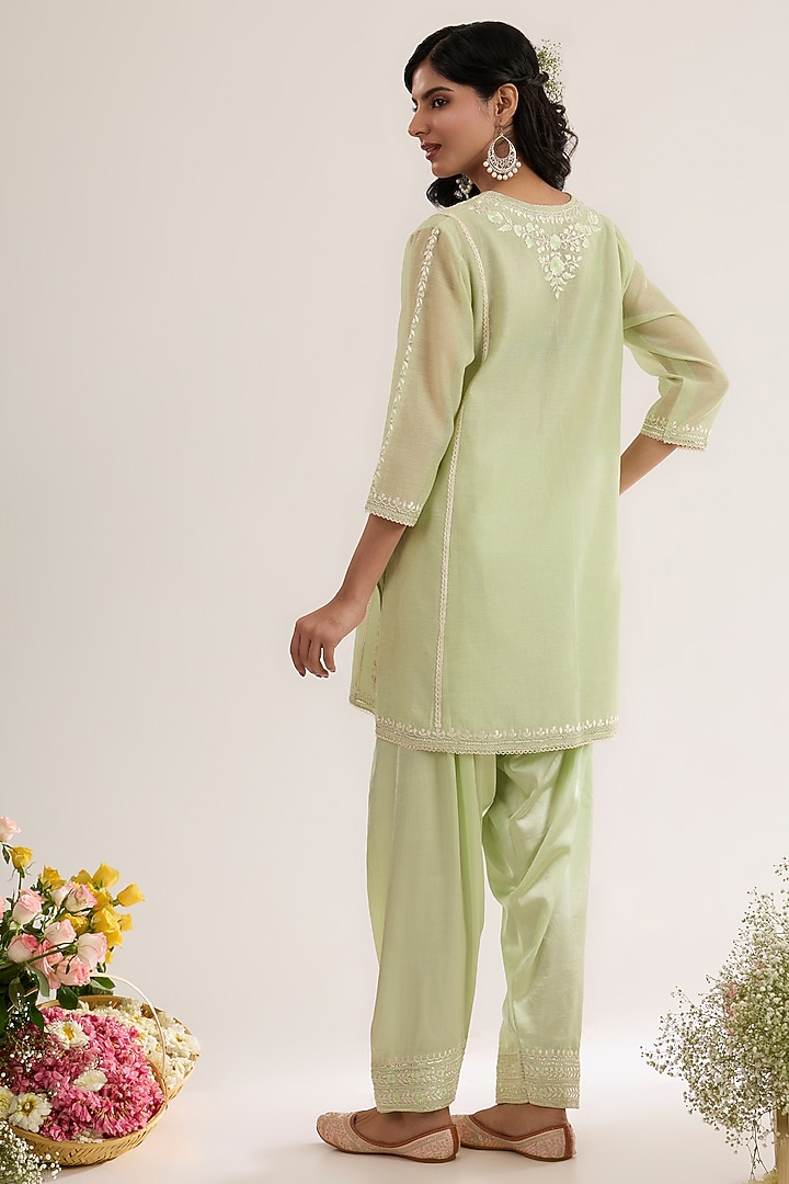 Mint Green Chanderi Silk Embroidered Short Choga Kurta Set by saina kapoor at Pernia's Pop Up Shop