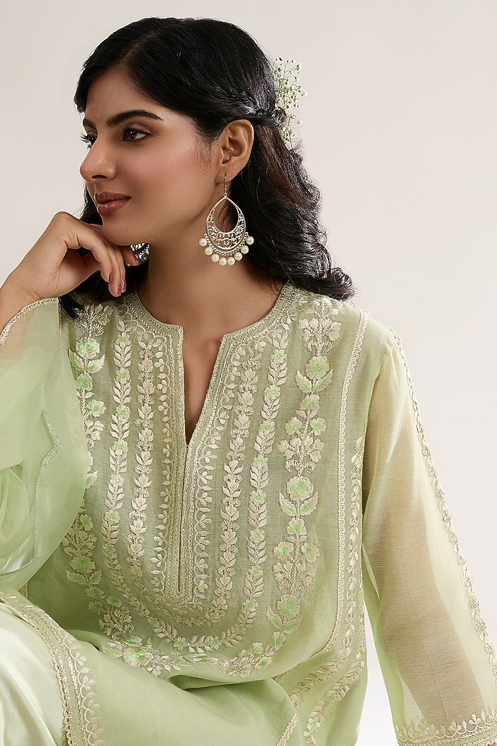 Mint Green Chanderi Silk Embroidered Short Choga Kurta Set by saina kapoor at Pernia's Pop Up Shop