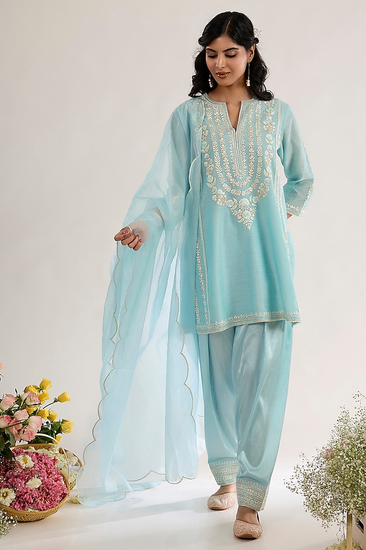 Powder Blue Chanderi Silk Embroidered Short Choga Kurta Set by saina kapoor at Pernia's Pop Up Shop