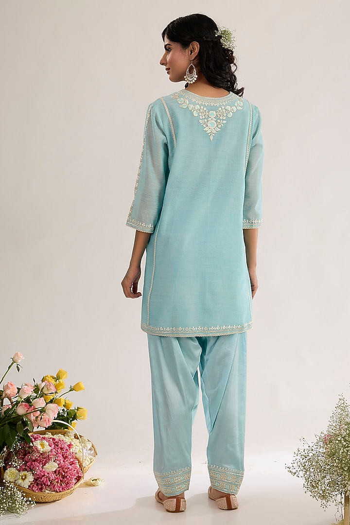 Powder Blue Chanderi Silk Embroidered Short Choga Kurta Set by saina kapoor at Pernia's Pop Up Shop