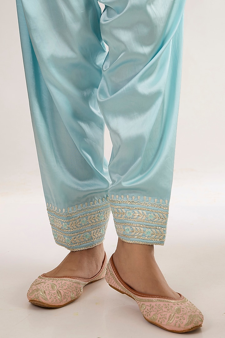 Powder Blue Chanderi Silk Embroidered Short Choga Kurta Set by saina kapoor at Pernia's Pop Up Shop
