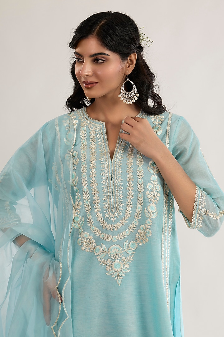 Powder Blue Chanderi Silk Embroidered Short Choga Kurta Set by saina kapoor at Pernia's Pop Up Shop