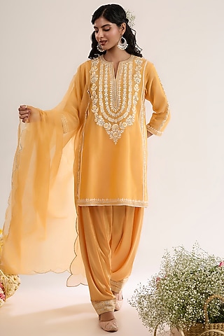 Peachy Orange Chanderi Silk Embroidered Short Choga Kurta Set by saina kapoor